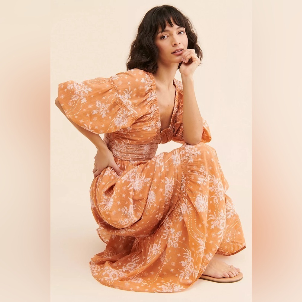 🔆 Free People Orange Maxi Dress with Bishop Sleeves, Size Small